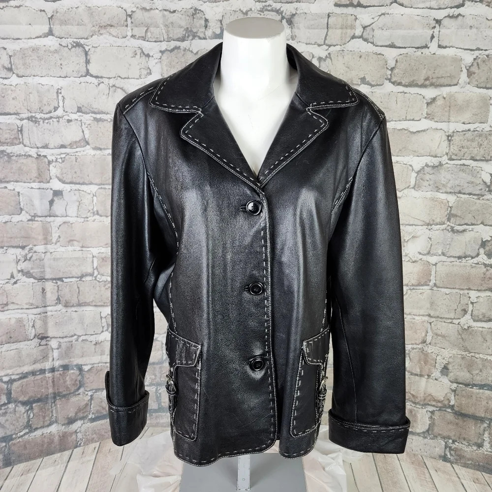 Danier Black Leather  Jacket Moto Style Buckle Flap Pockets XL Super Soft